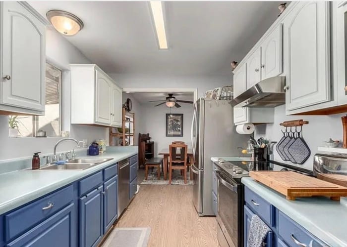 Modern kitchen with blue and white cabinets