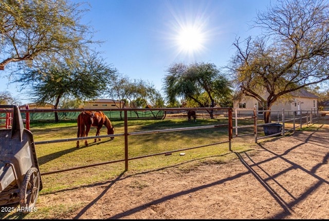 Ranch corral with horses and mature trees